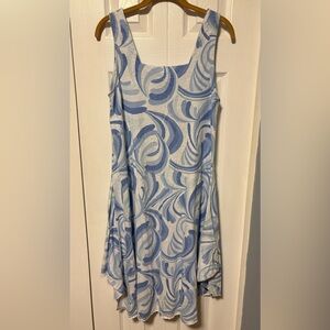 Blue and White Swirl Pattern Sleeveless Square Neck Dress